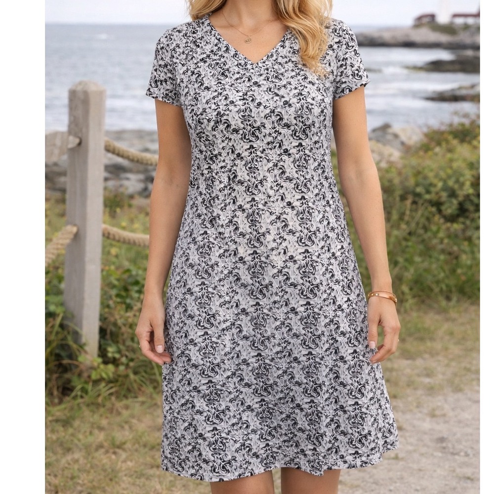 LL Bean Black White Damask Scroll Print‎ V-Neck Short Sleeve Dress S 504279 H2